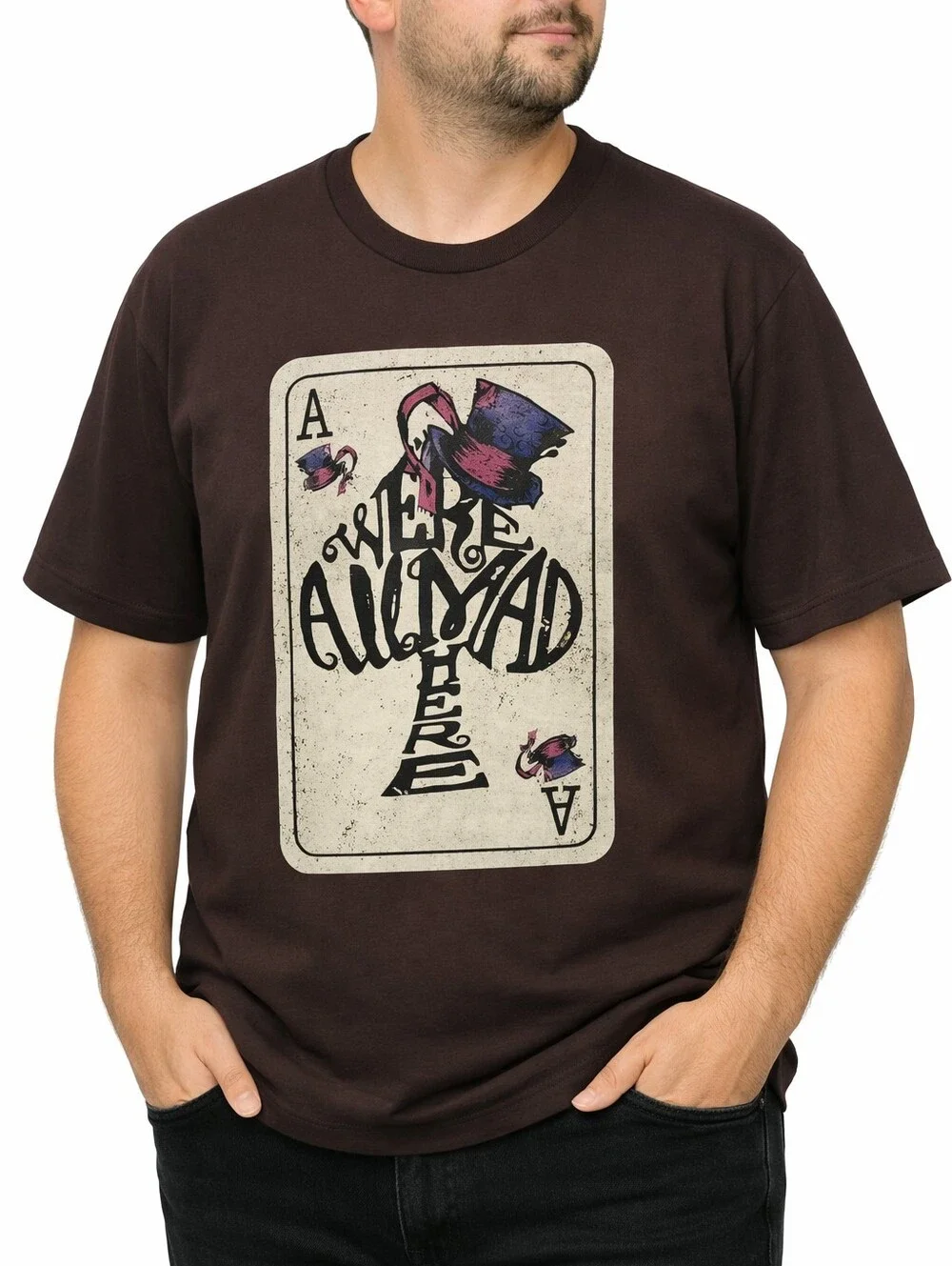 Mad Hatter We're All Mad Here Ace of Spades Distressed Graphic Tee 2XL PTP 25.5